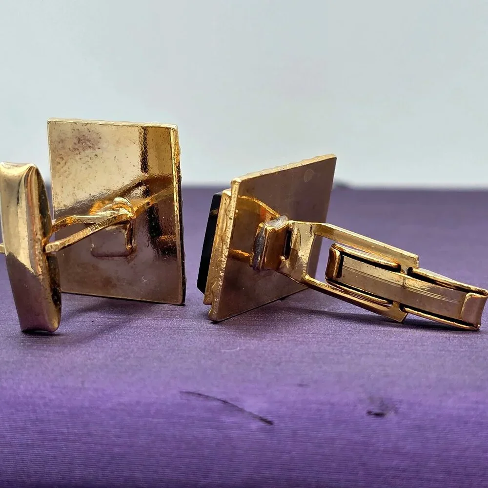 VTG Gold Finish Postage Stamp Rectangle Black  MCM Mid Century Modern Cuff Links